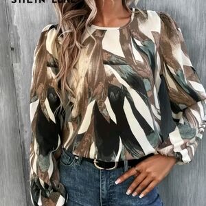 SHEIN Long Sleeve Abstract Print Top - Multicolor